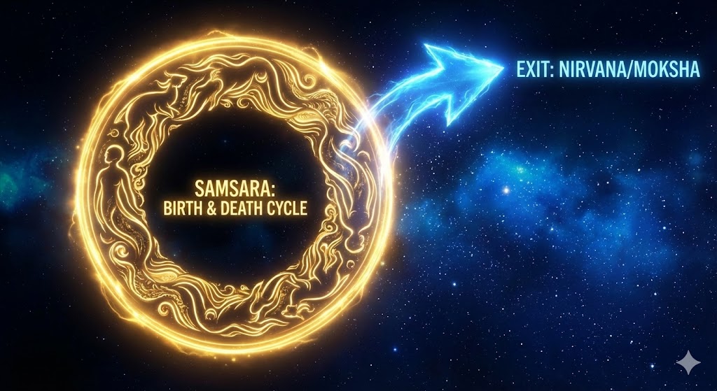Visual representing the Dharmic Cycle: A circular neon-gold loop for birth and death (Samsara), with a bright blue exit arrow pointing toward a star-filled void (Nirvana/Moksha)